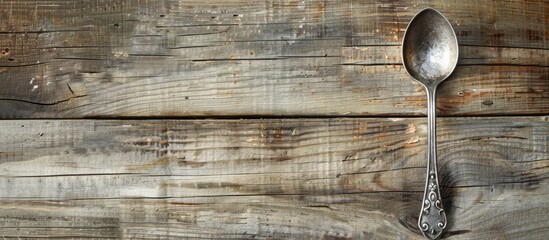 Poster - Cooking concept illustrated with a spoon resting on a wooden surface showing a rustic texture with ample copy space image