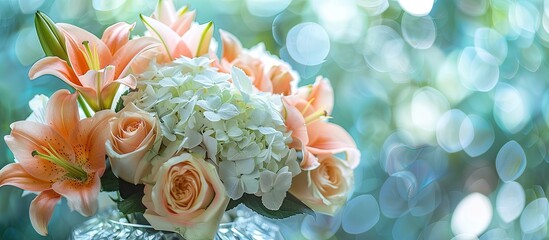 Poster - A bouquet of lily rose and hydrangea flowers beautifully arranged with a crystal vase in the backdrop creating a serene composition with copy space image