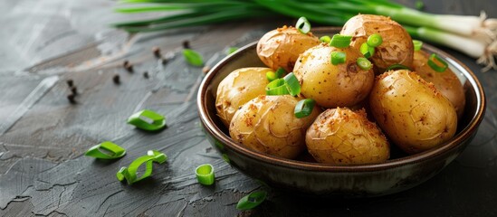 Poster - Delicious baked potato in a bowl with green onion on a bright background suitable as a copy space image