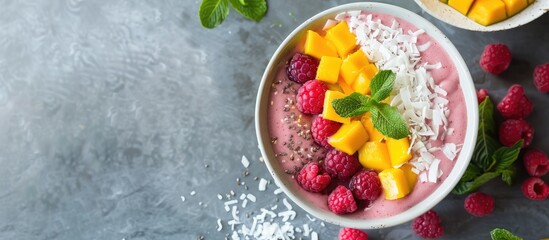 Sticker - Top view of a berry smoothie bowl with mango and coconut perfect for a copy space image