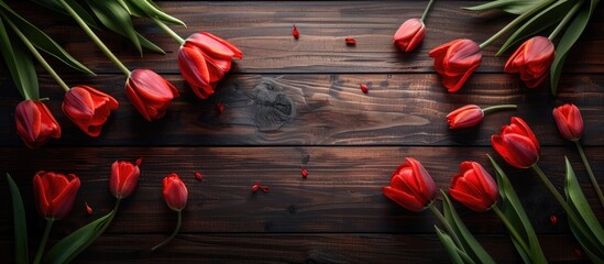 Aufkleber - Dark wooden background with red tulips in a flat lay top view displaying a lovely composition with copy space image