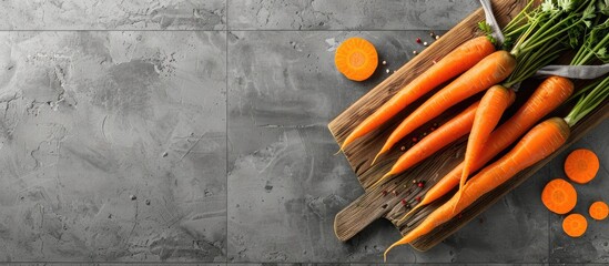 Poster - Carrots and slices on a wooden board against a grey tile background with open space for images. Creative banner. Copyspace image
