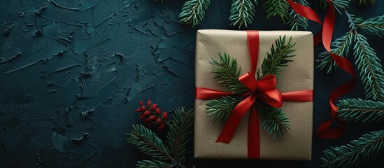Poster - A Christmas tree branch on a dark background with a gift box featuring a red ribbon perfect for a festive copy space image