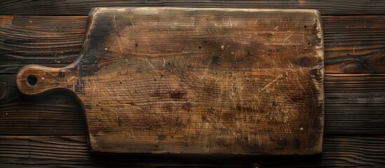 Poster - Top down view of an antique cutting board on a dark wooden surface with ample copy space in the image