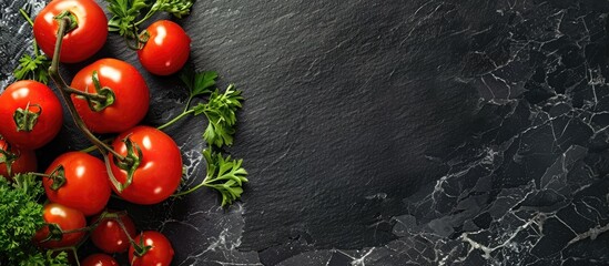 Sticker - Top down view of a branch featuring ripe red tomatoes and fresh parsley on a sleek black slate with room for text or other content in the image. Creative banner. Copyspace image