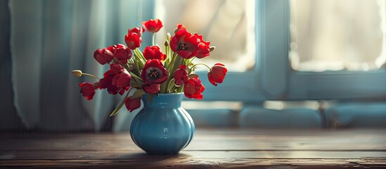 Aufkleber - Close up image of a stunning Persian buttercup bouquet in a blue vase on a wooden table in soft light with a horizontal background soft focus and copy space image
