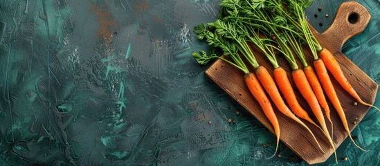 Poster - Carrots on a wooden board against a textured green backdrop with copy space image