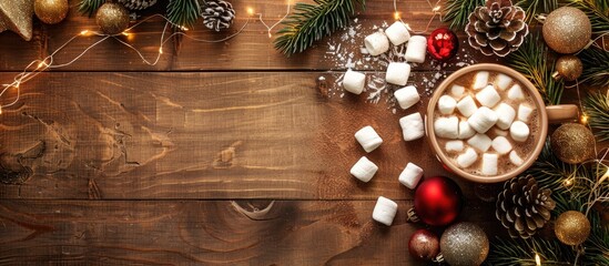 Aufkleber - Close up top view of hot chocolate with marshmallows on a holiday themed wooden backdrop adorned with Christmas decor and a fir tree featuring copy space image