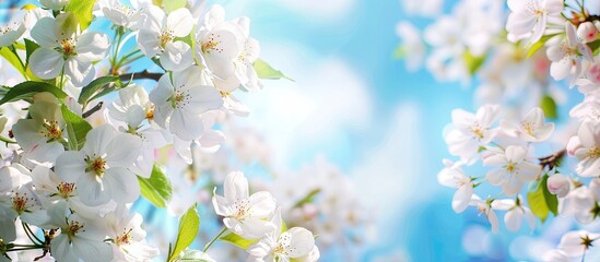 Leinwandbilder - Close up of beautiful white apple blossom branches against a blue sky background in a sunny spring garden with a floral border frame for a copy space image
