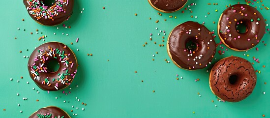 Poster - Delicious chocolate donuts with sprinkles on a vibrant green surface Unhealthy yet tasty treats with a copy space image available Top down perspective
