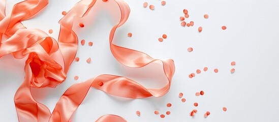 Wall Mural - Coral silk ribbon shines on a white background in a festive themed flat lay with copy space image