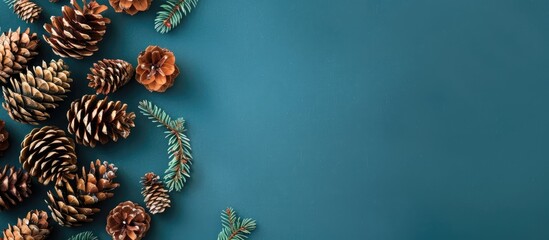 Poster - Top down view of holiday themed pine cones shaped like Christmas trees in a festive arrangement with copy space for adding text or images