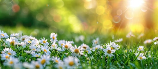Poster - A close up side view of blooming common daisies Bellis perennis on a green lawn with a blurred natural background suitable for copy space image