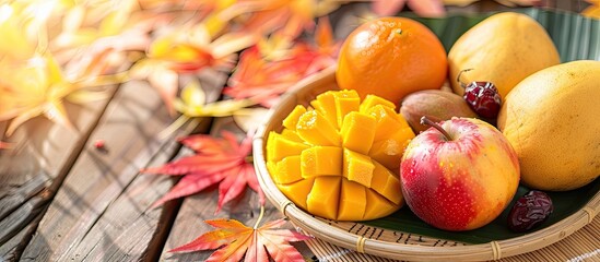 Aufkleber - A collection of fresh organic fruits like mangoes apples oranges and dates displayed on a wooden plate with red and yellow maple leaves on a bamboo table Healthy food set in an autumn themed scene wi