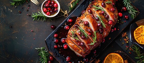 Poster - Top down view of cranberry and orange glazed pork on a dark kitchen table with copy space for an image