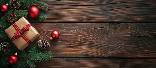 Fototapete - A Christmas gift box sits beside a pine branch on a wooden table in a top down view leaving room for additional elements in the image