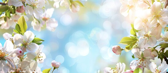 Leinwandbilder - Close up of beautiful white apple blossom branches against a blue sky background in a sunny spring garden with a floral border frame for a copy space image