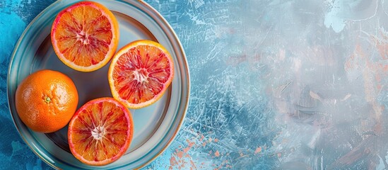 Poster - Blood oranges whole and sliced arranged on a plate against a light blue backdrop Top view with ample copy space for customization