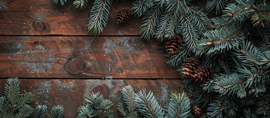 Fototapete - Coniferous spruce and pine fur branches on a brown wooden backdrop create a rustic atmosphere with copy space image
