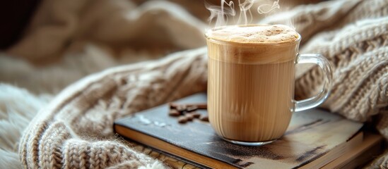 Poster - Coffee concept with a steaming latte in a glass cup placed on a book Background is a sweater with copy space image available for adding text