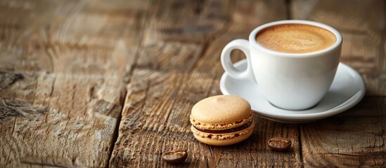 Poster - Coffee cup and macaroon on a wooden table with room for a copy space image