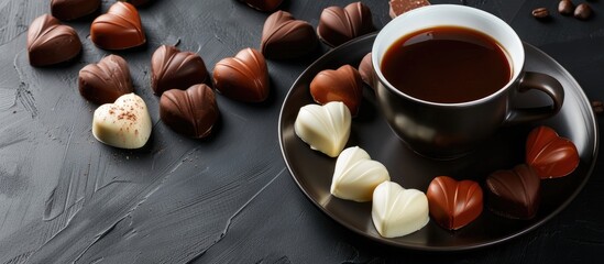 Aufkleber - Dark and white heart shaped chocolates and a cup of robust coffee elegantly arranged on a black backdrop with copy space image