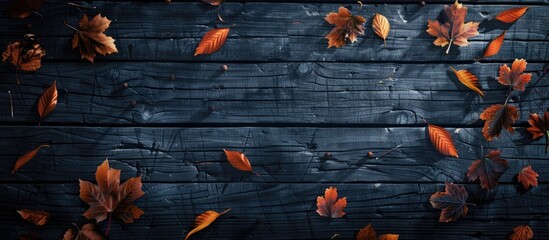 Aufkleber - Dark wooden background with autumn leaves Provides copy space image