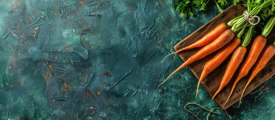 Poster - Carrots on a wooden board against a textured green backdrop with copy space image