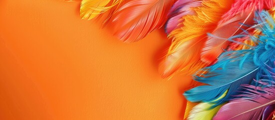 Fototapete - Colorful feathers displayed on a vibrant orange backdrop create an eye catching poster for the carnival with copy space image