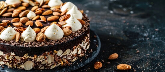 Canvas Print - Close up side view of a delectable cake featuring nuts almonds and both black and white chocolate on a dark background with ample copy space image