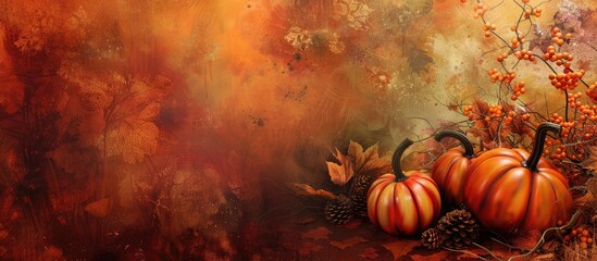 Poster - A bountiful autumn theme with decorative pumpkins symbolizing Thanksgiving and Halloween against a festive backdrop perfect for a copy space image