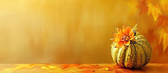 Sticker - Autumn themed design featuring a gourd with a flower highlighted in the corner against a yellow backdrop with ample copy space image