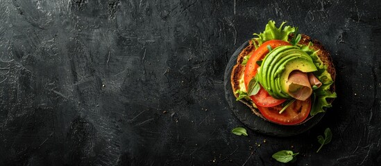 Poster - Avocado toast presented on a black textured background with space for additional visuals