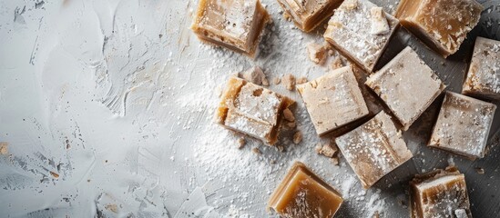 Sticker - Top down view of delectable halva pieces on a light gray surface with ample copy space image available