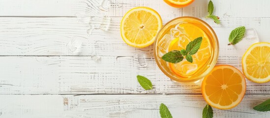 Poster - Top down view of a delightful peach lemonade with sparkling water on a white wooden surface with room for text alongside the image. Creative banner. Copyspace image
