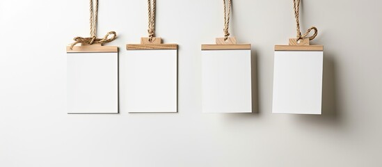 Leinwandbilder - Photo cards displayed on wooden hangers against a white background with copy space image