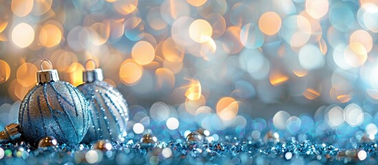 Poster - Blue and silver glittering bulbs create an abstract blurred backdrop for Christmas wallpaper decorations perfect for holiday festivals and celebrations with sparkling lights and a circle of illuminat