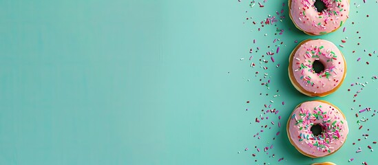 Poster - Donuts displayed against a green background and a space for text or other graphics. Creative banner. Copyspace image