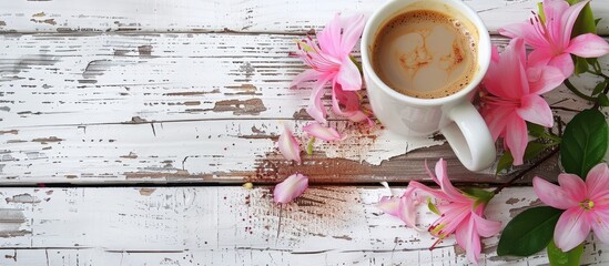 Aufkleber - Coffee filled white cup adorned with pink flowers set on a vintage white wooden backdrop providing ample space for adding text or images