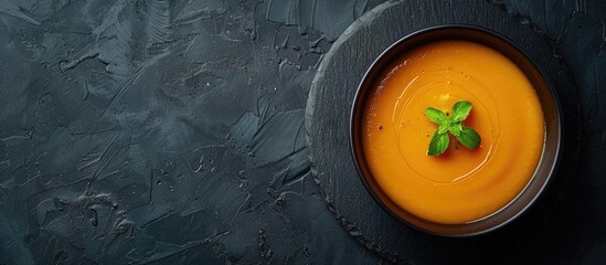 Aufkleber - Top view of a classic pumpkin soup presented on a dark slate table with ample copy space image