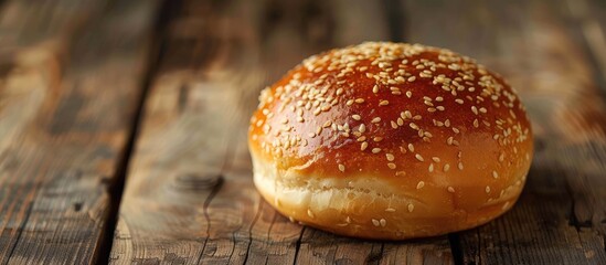 Poster - Bun topped with sesame seeds against a rustic wooden backdrop ideal for a copy space image