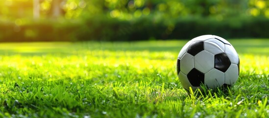 Wall Mural - black and white soccer ball on a lush green field with copy space image