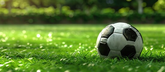 Sticker - Black and white soccer ball on a lush green field with copy space image