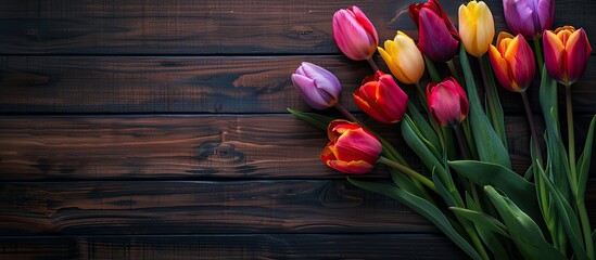 Poster - Top view of colorful tulips on a dark wooden surface offering a space for text within the image. Creative banner. Copyspace image