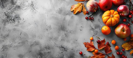 Aufkleber - Autumn harvest creating a cozy ambiance on a gray concrete backdrop ideal for copy space image