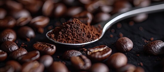 Poster - A close up shot of coffee beans on a black mirror background with a spoon of ground coffee providing copy space image