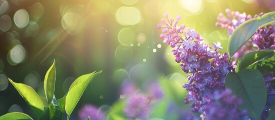 Poster - Copy space image with blooming violet lilac flowers against defocused green leaves