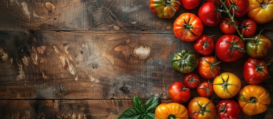 Poster - Top down view of organic farm grown tomatoes and sweet peppers arranged on a wooden backdrop with a border for a copy space image