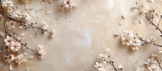 Poster - Beige backdrop showcasing blossoming branches with copy space image