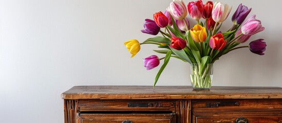 Poster - Colorful tulip flowers arranged in a beautiful bouquet on a wooden chest of drawers by a white wall providing a blank copy space image